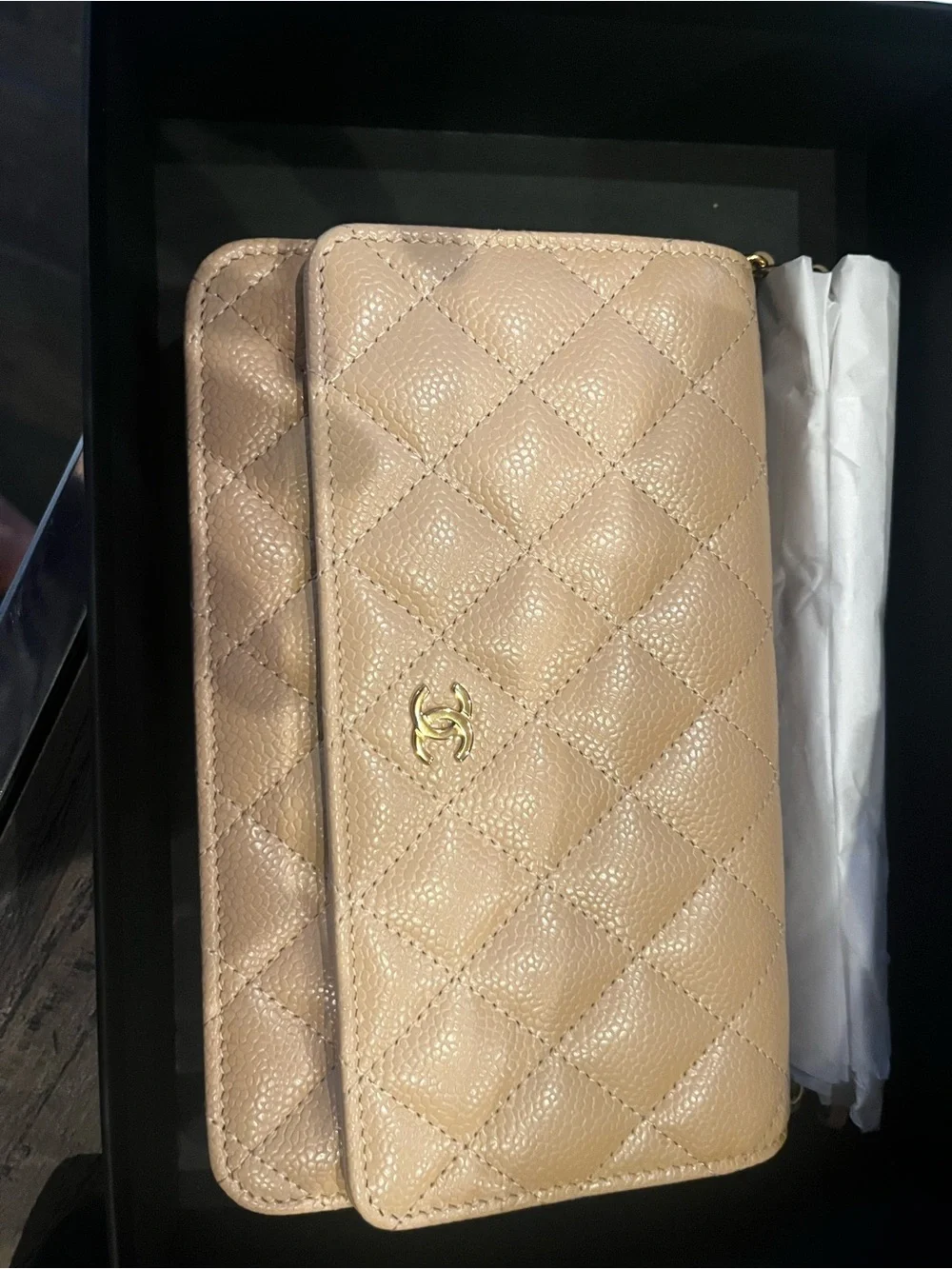 CHANEL Beige Quilted Caviar Leather Crossbody Wallet with Gold CC